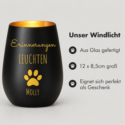 Personalisiertes Trauerlicht aus schwarzem Glas mit goldener Innenbeschichtung, 12 x 8,5 cm groß.