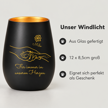 Schwarzes Trauerlicht aus Glas mit goldener Innenseite, beschriftet mit "Für immer in unseren Herzen". Größe: 12 x 8,5 cm.
