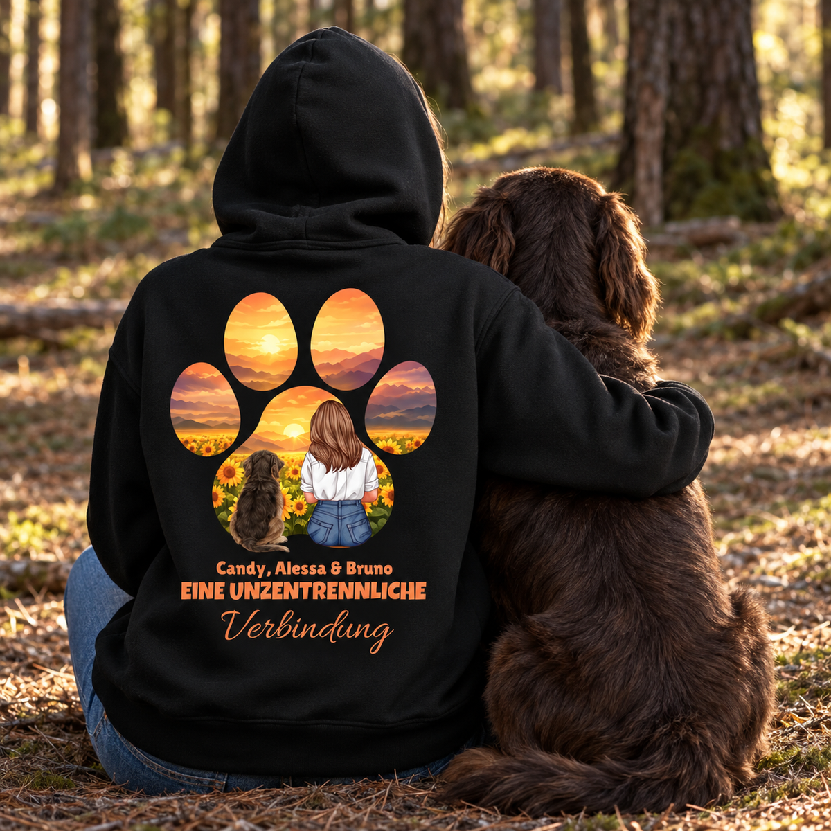 Schwarzer Hoodie mit Aufdruck eines Mädchens und Hund in Sonnenblumen mit dem Text "Eine unzertrennliche Verbindung".