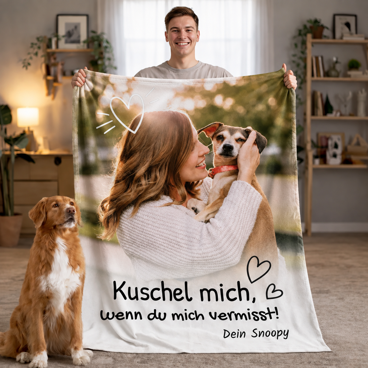 Personalisierte Decke mit Hundebild und Text in Herz-Optik, weiches Material, gemütliches Design.
