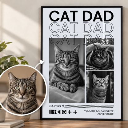 Personalisierte Poster mit vier schwarz-weißen Katzenbildern und dem Schriftzug „Cat Dad“. Kunstwerk in einem schwarzen Rahmen.
