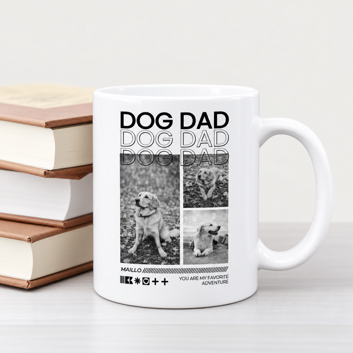 Weiße Tasse mit dem Aufdruck "DOG DAD" und Schwarz-Weiß-Fotos von Hunden.