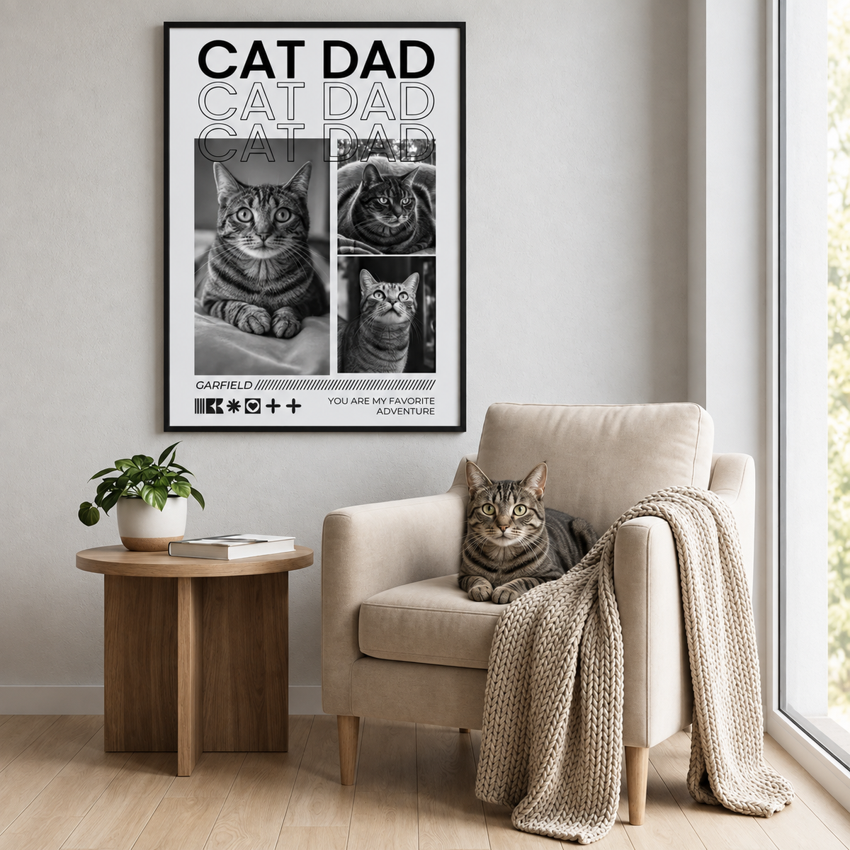 Personalisierbares Poster mit schwarz-weißen Katzenfotos und dem Schriftzug "Cat Dad" im Rahmen.