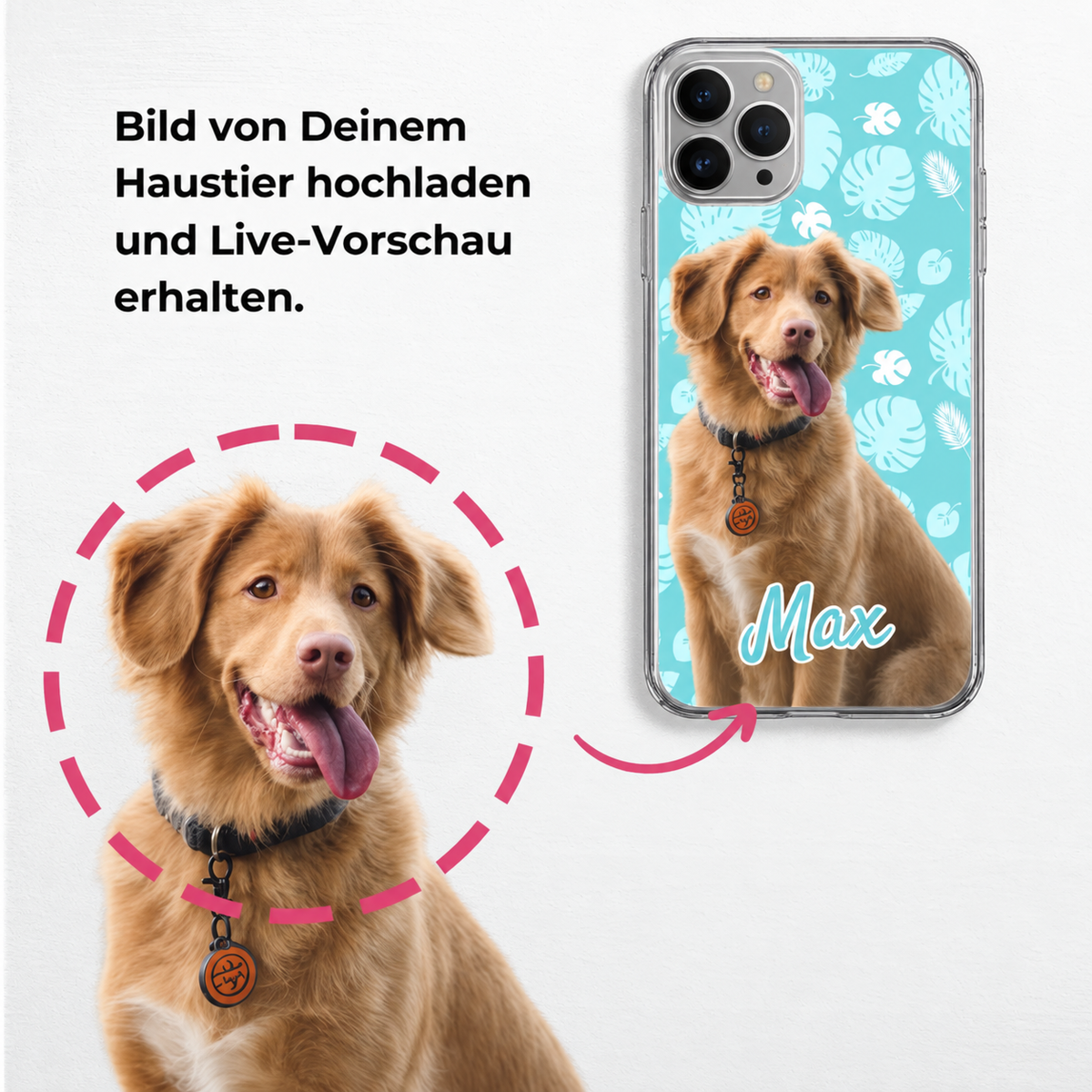 Telefonhülle mit Foto eines Hundes und buntem Hintergrundmuster, personalisierbar mit Namen.