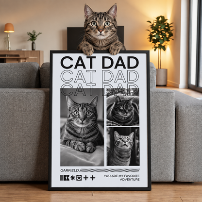 Katze sitzt auf einem personalisierten Poster mit dem Schriftzug "CAT DAD" und Bildern von verschiedenen Katzen.