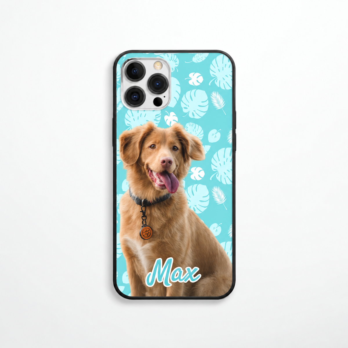 Personalisierte Handyhülle mit Hundebild und türkisfarbenem Blattmuster. Name "Max" in weißer Schrift.