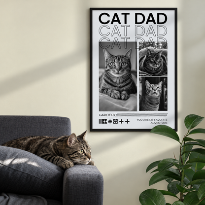 Personalisiertes Poster mit dem Titel "Cat Dad" und Bildern von Katzen in Schwarz-Weiß, gerahmt.