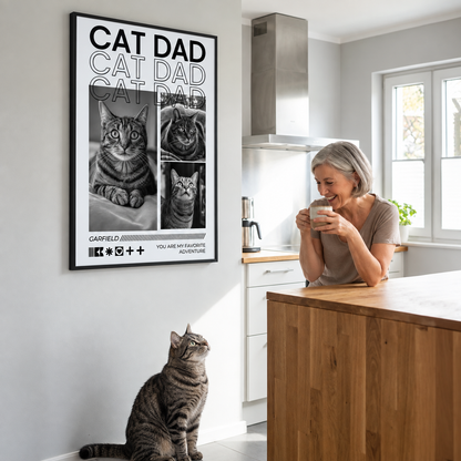 Personalisierte Wandkunst mit dem Titel "Cat Dad", Fotos von Katzen und einem Textbereich, in einer modernen Küche.