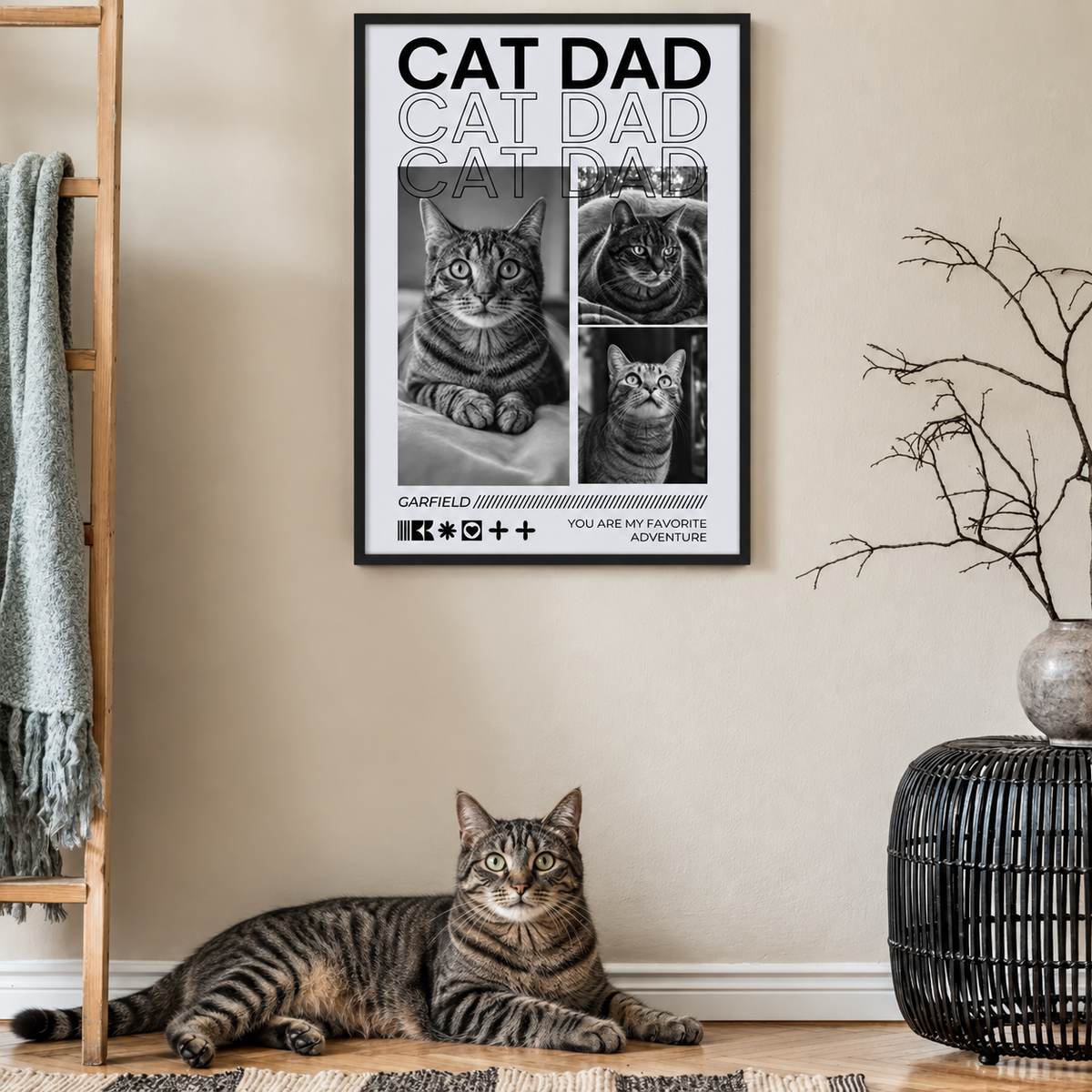 Personalisiertes Poster für Katzenliebhaber mit Bildern von Katzen und dem Text "Cat Dad" in Schwarz-Weiß.