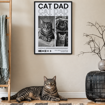 Personalisiertes Poster für Katzenliebhaber mit Bildern von Katzen und dem Text "Cat Dad" in Schwarz-Weiß.