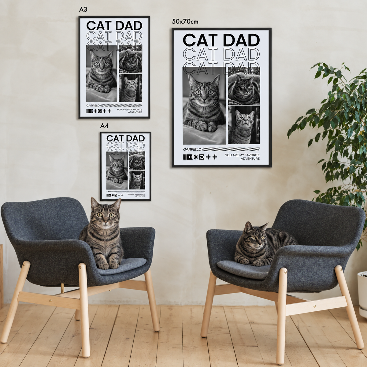 Personalisiertes Poster mit dem Schriftzug "Cat Dad" und Bildern von Katzen, gerahmt in Schwarz.