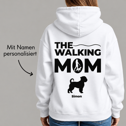 Weißer Hoodie mit dem Text "THE WALKING MOM" und einem Hundesymbol, personalisiert mit dem Namen "Simon".
