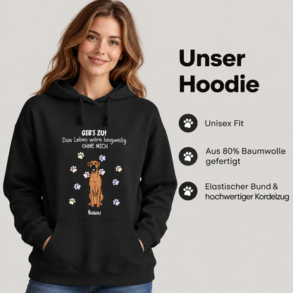 Schwarzer Hoodie mit in weißer Schrift bedrucktem Text und Hundemotiv. Hergestellt aus 80% Baumwolle. Unisex Fit.