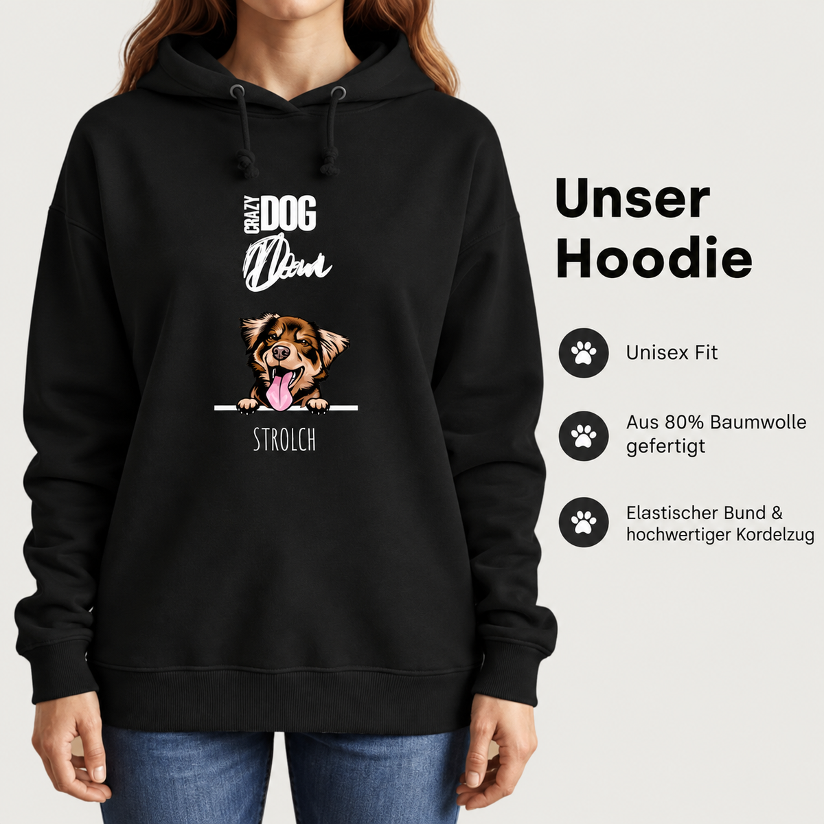 Schwarzer Hoodie für Haustiereltern mit Hundemotiv und Spruch, aus 80% Baumwolle gefertigt. Unisex Fit.