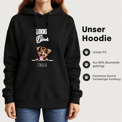 Schwarzer Hoodie für Haustiereltern mit Hundemotiv und Spruch, aus 80% Baumwolle gefertigt. Unisex Fit.