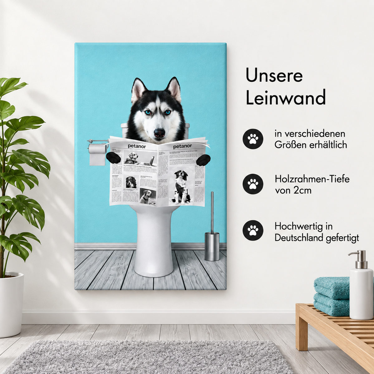 Personalisierte Leinwand mit Husky, der eine Zeitung in einem Badezimmer liest, auf blauem Hintergrund.