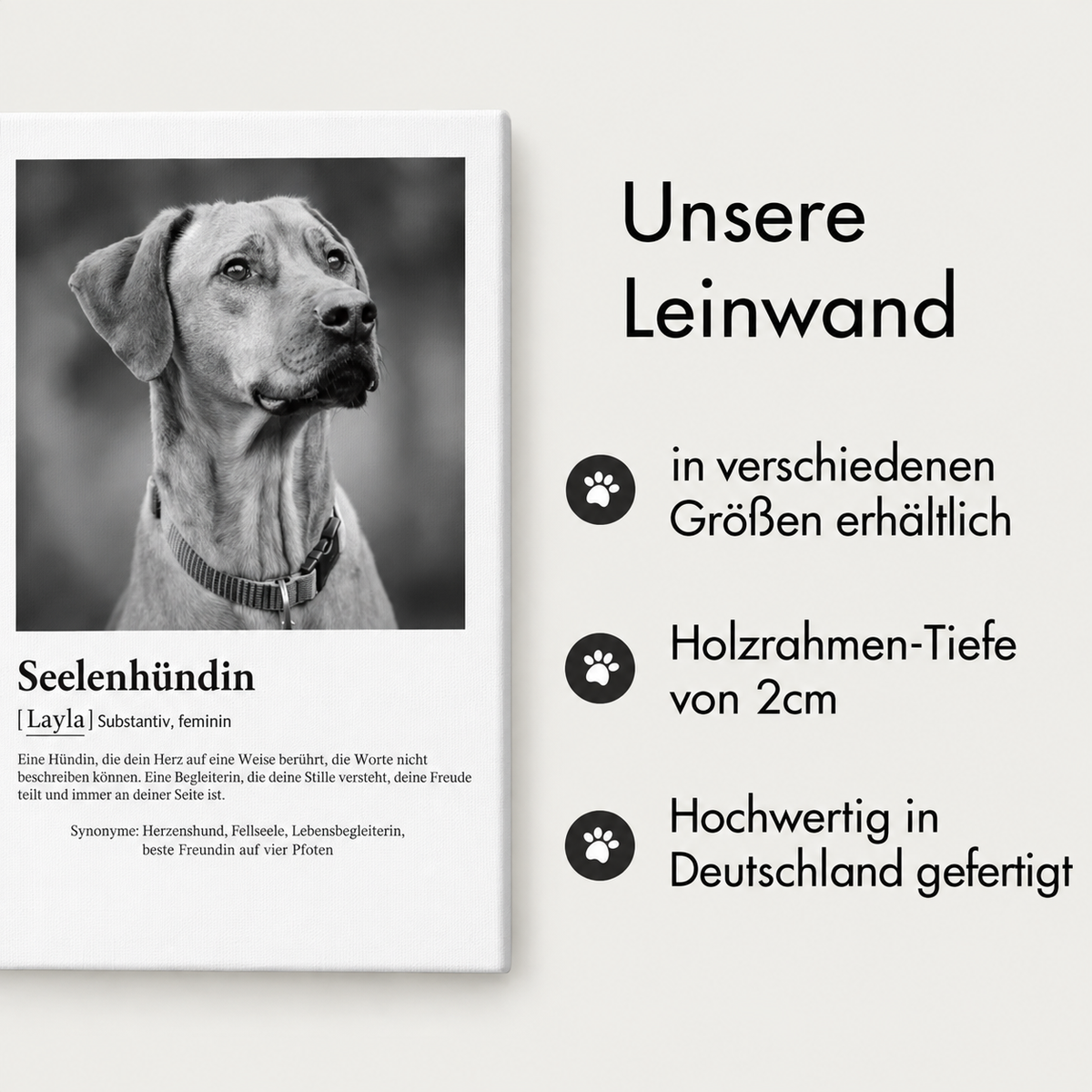 Personalisierte Leinwand mit Foto eines Hundes, hochwertiger Druck auf Holzrahmen, verschiedene Größen verfügbar.