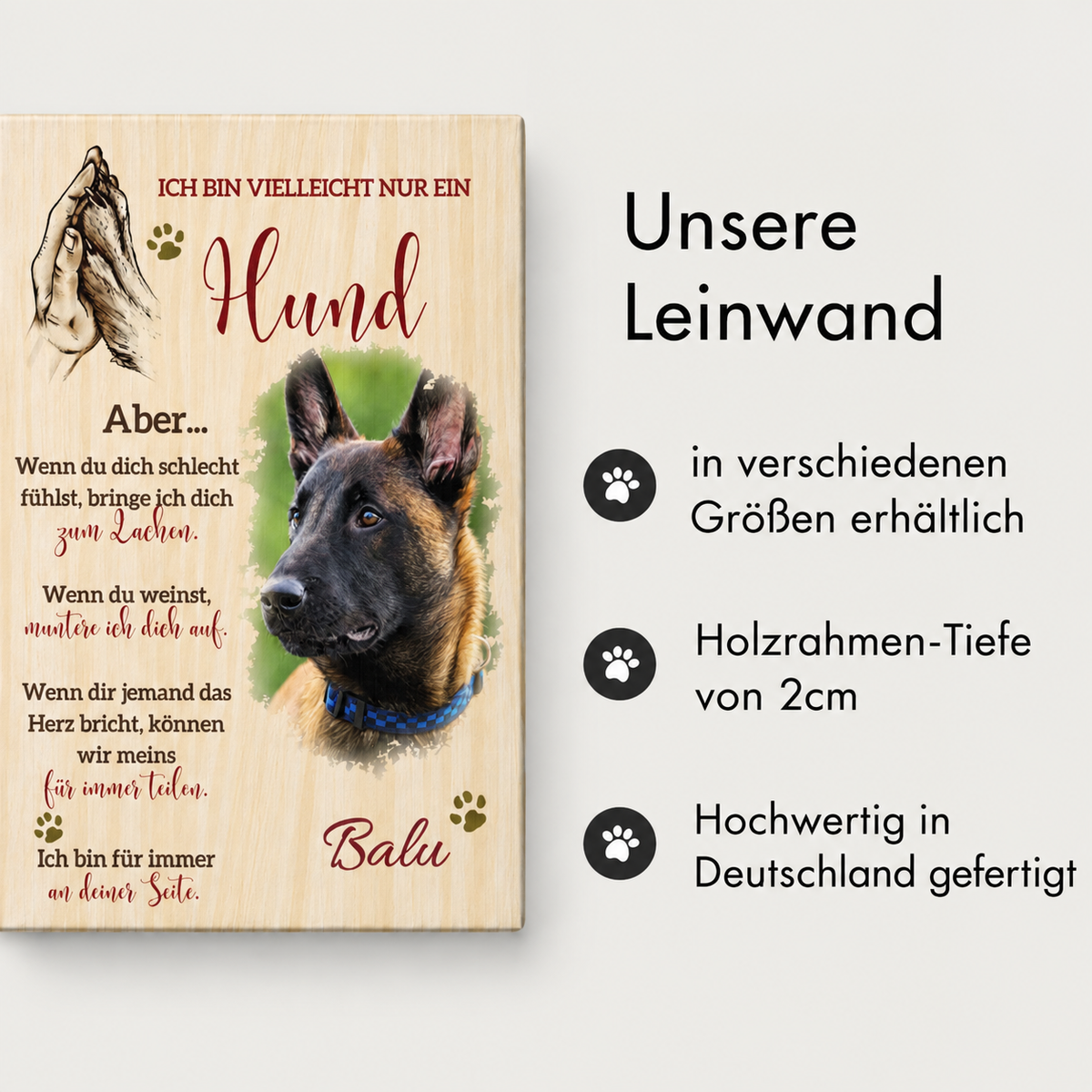Personalisierte Leinwand mit Hundemotiv und Text, Holzrahmen, verschiedene Größen erhältlich.