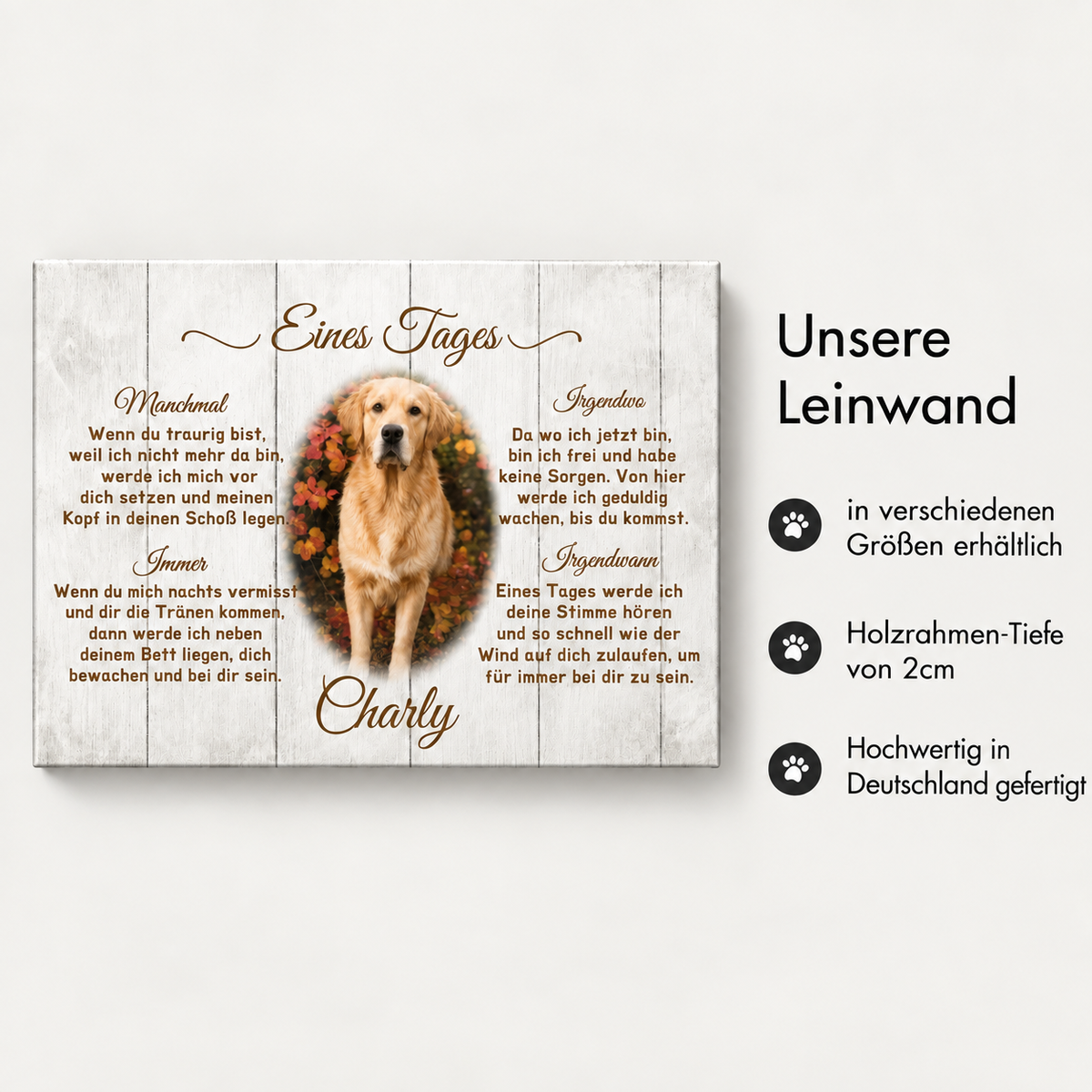 Personalisierte Leinwand mit dem Text "Eines Tages" und einem Hund, weißer Holzrahmen-Hintergrund.