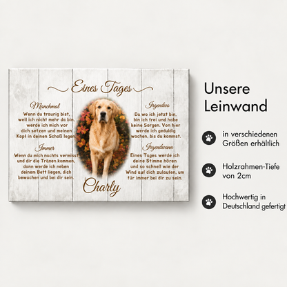 Personalisierte Leinwand mit dem Text "Eines Tages" und einem Hund, weißer Holzrahmen-Hintergrund.