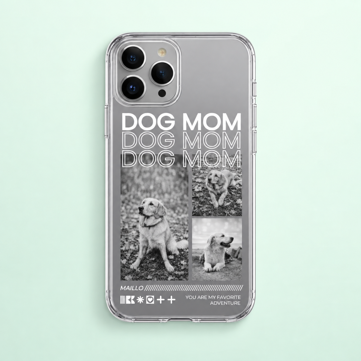 Personalisierte transparente Handyhülle mit dem Aufdruck "Dog Mom" und Schwarz-Weiß-Fotos von Hunden.