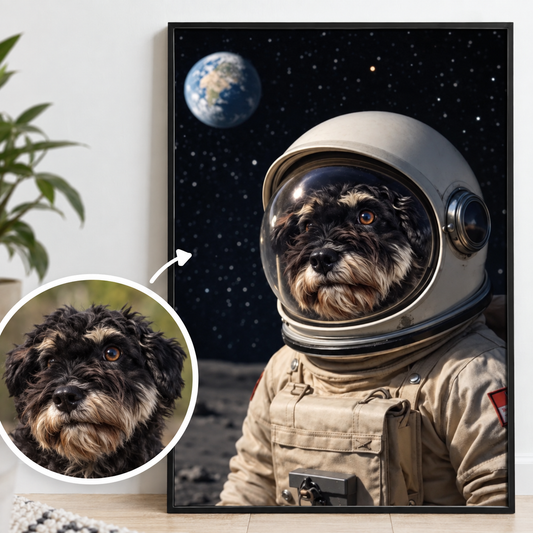 Personalisiertes Poster eines Hundes im Astronautenanzug vor einem planetarischen Hintergrund.