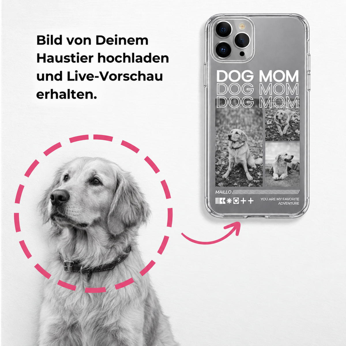 Personalisierte Handyhülle mit dem Aufdruck "Dog Mom" und Fotos eines Hundes in Schwarz-Weiß. Transparentes Design.