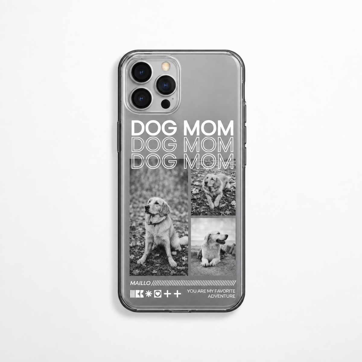 Personalisierte, transparente Handyhülle mit dem Aufdruck "DOG MOM" und schwarz-weißen Hundebildern.