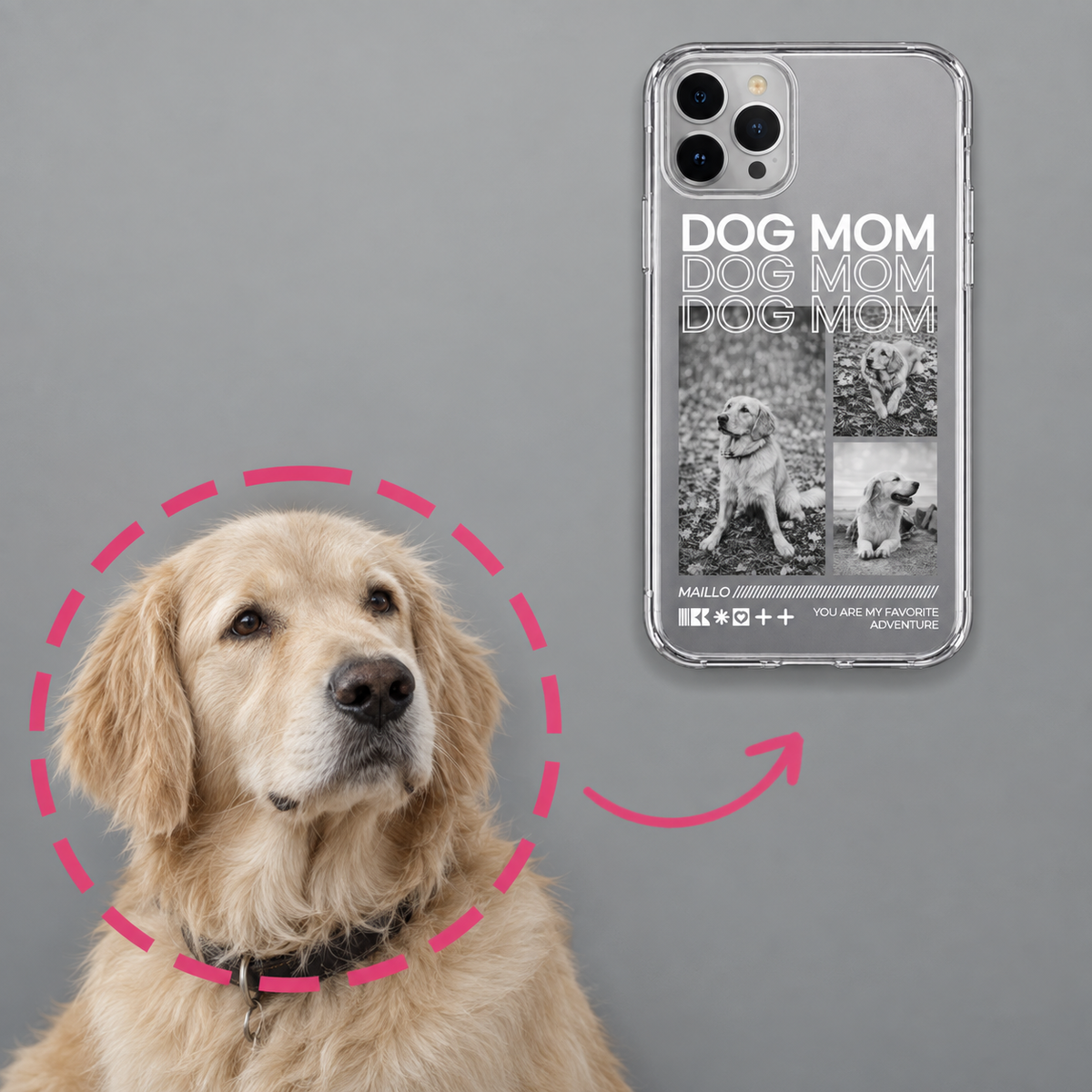 Personalisierte transparente Handyhülle mit dem Aufdruck „Dog Mom“ und Bildern von Hunden.