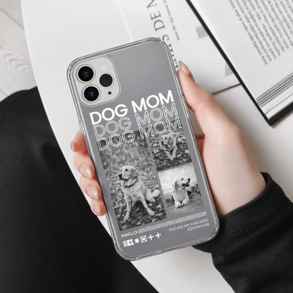 Handyhülle mit grauem Design, Aufschrift "DOG MOM" und Bildern von Hunden, transparentes Material.