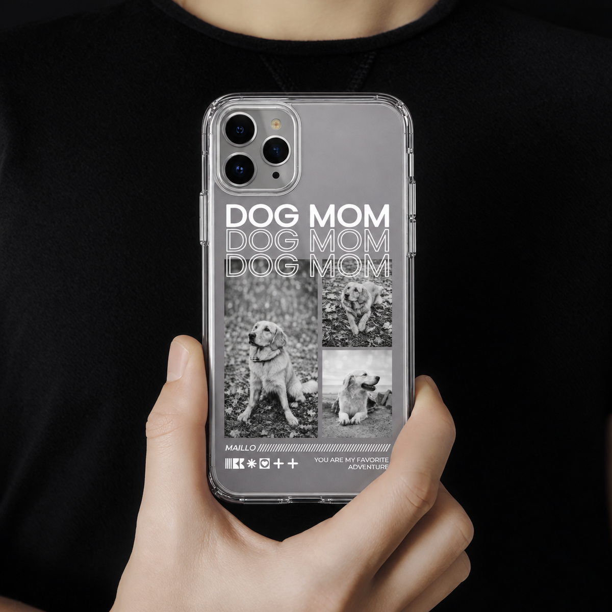 Personalisierte transparente Handyhülle mit dem Aufdruck "Dog Mom" und Fotos von Hunden.