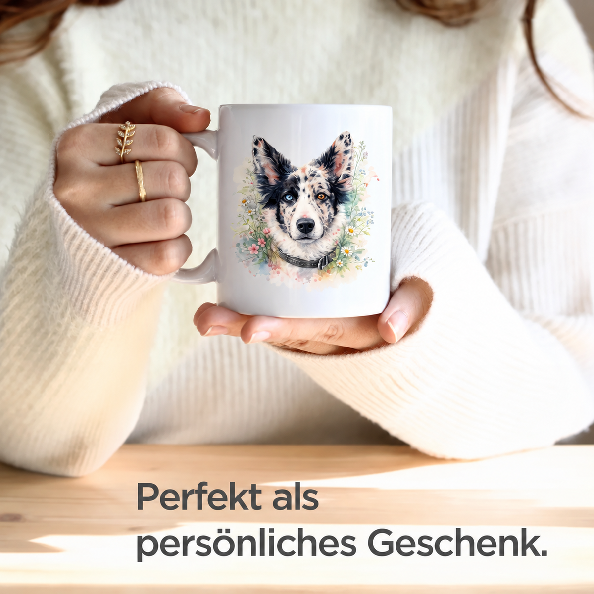 Person hält eine personalisierte Tasse mit Aquarellmotiv eines Hundes in der Hand. Tasse ist weiß mit bunten Blumen.