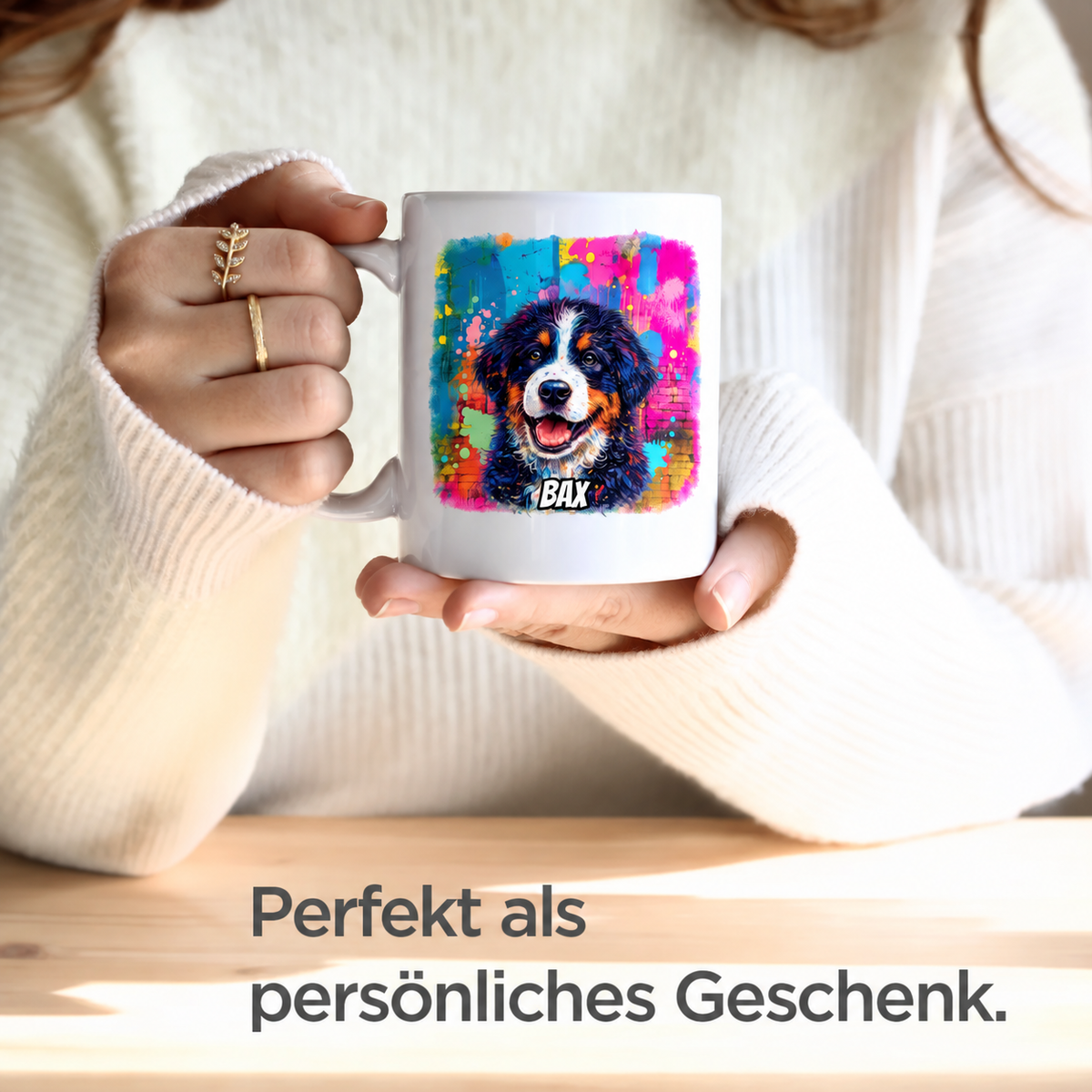 Person hält eine weiße Tasse mit Graffiti-Dog-Gemälde und Namen in bunten Farben.