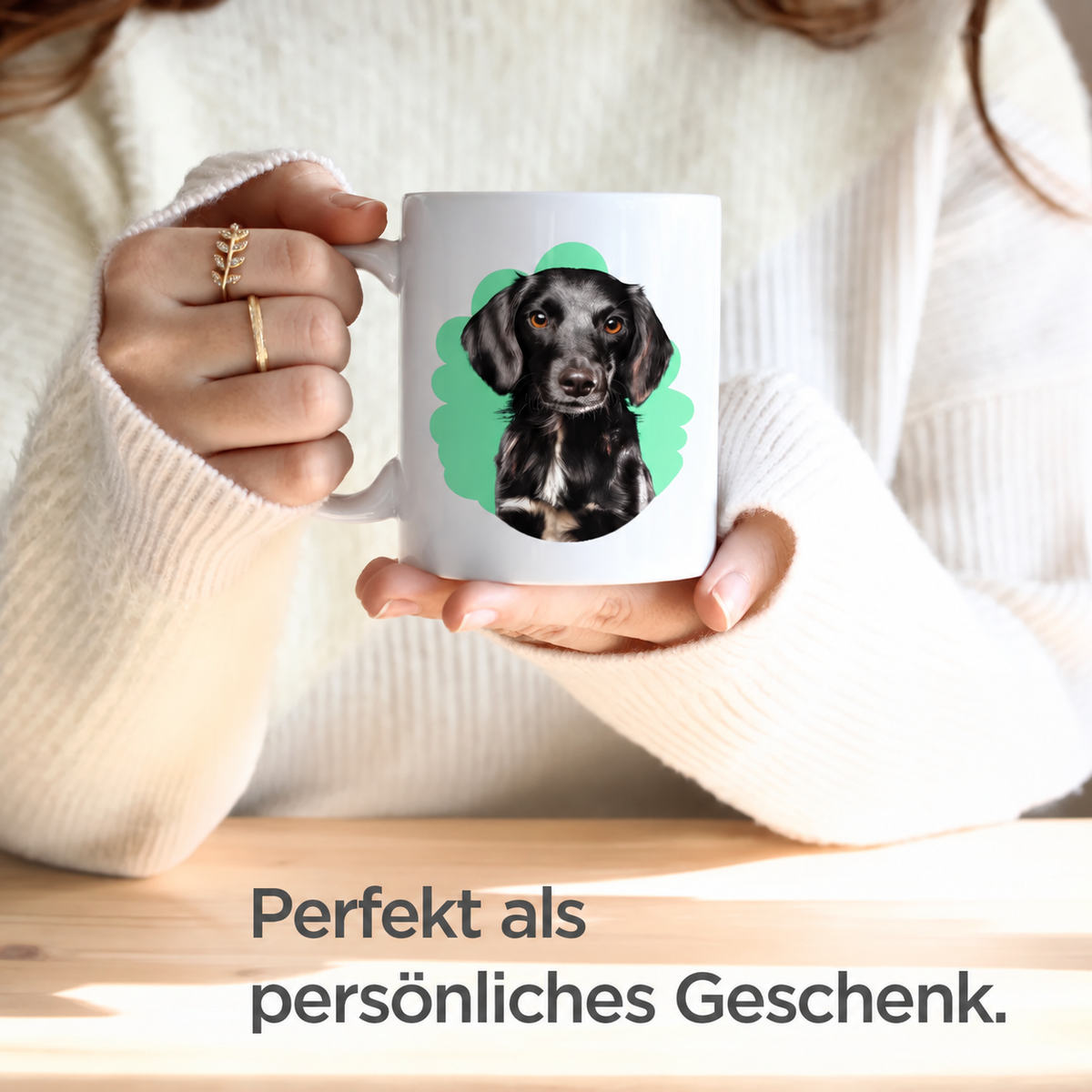 Person hält eine personalisierte weiße Tasse mit einem Hundeportrait in einem grünen Hintergrund.