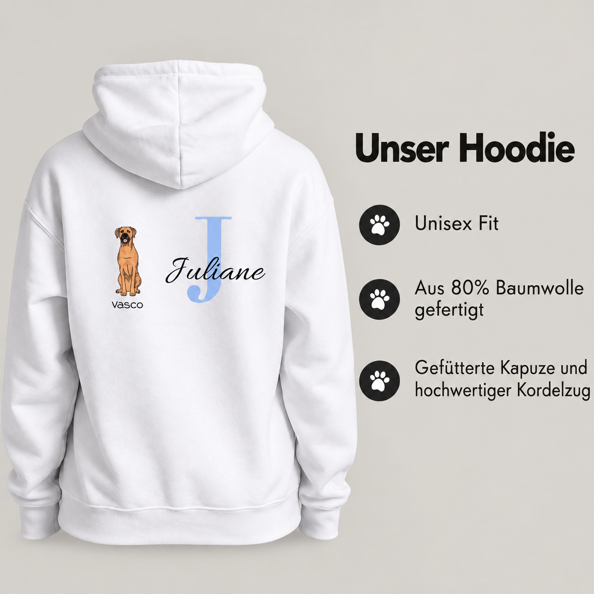 Personalisierter weißer Hoodie mit Hundemotiv, Initiale "J" und Name "Juliane", aus 80% Baumwolle gefertigt.
