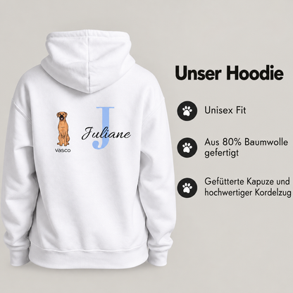 Personalisierter weißer Hoodie mit Hundemotiv, Initiale "J" und Name "Juliane", aus 80% Baumwolle gefertigt.