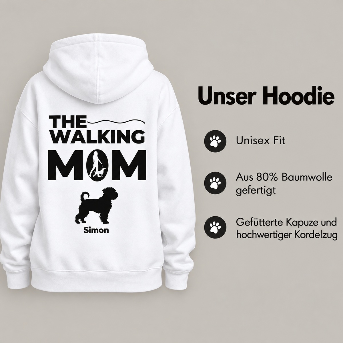 Weißer Hoodie mit dem Aufdruck "THE WALKING MOM" und einer Hundesilhouette. Unisex-Design.