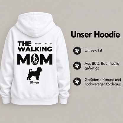 Weißer Hoodie mit dem Aufdruck "THE WALKING MOM" und einer Hundesilhouette. Unisex-Design.