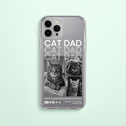 Personalisierte Handyhülle mit Katzenmotiven und dem Text "Cat Dad" in Schwarz-Weiß.