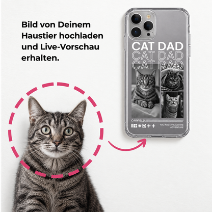Personalisierte Handyhülle mit dem Text "CAT DAD" und Bildern von Katzen. Transparentes Material.