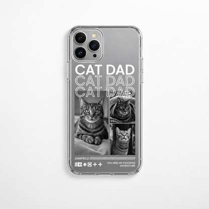 Personalisierte Handyhülle mit Katzenmotiven und dem Schriftzug "CAT DAD" in Schwarz-Weiß.