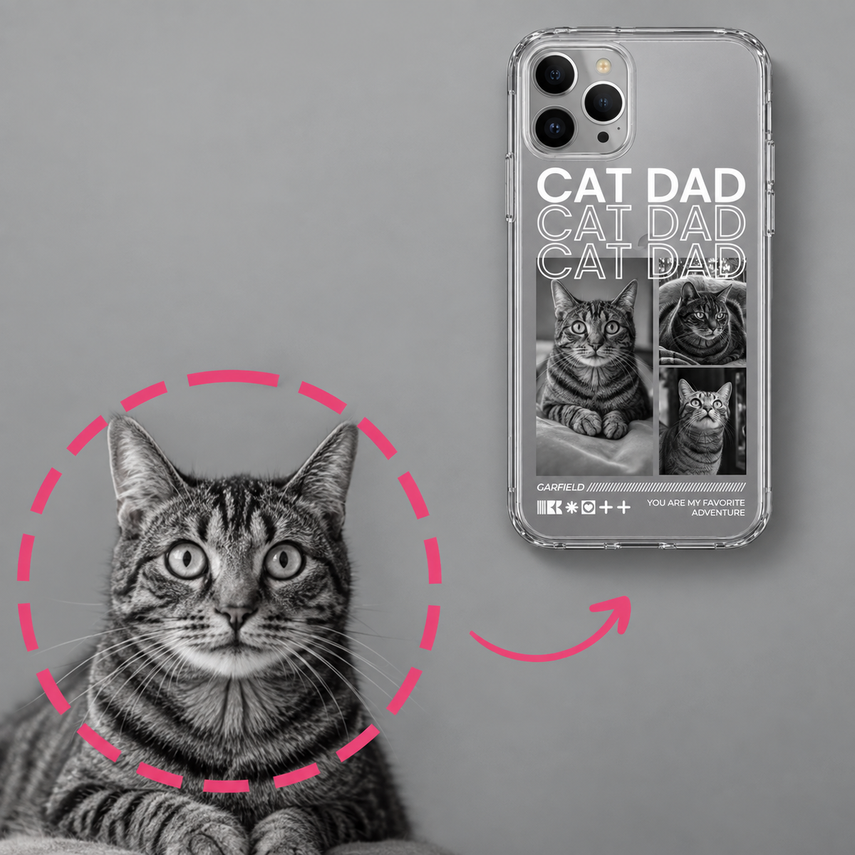 Handyhülle mit transparentem Design, bedruckt mit dem Schriftzug "Cat Dad" und Katzenbildern.