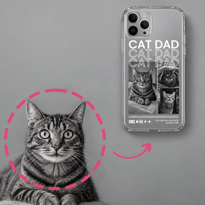 Handyhülle mit transparentem Design, bedruckt mit dem Schriftzug "Cat Dad" und Katzenbildern.