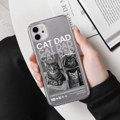 Handyhülle mit Katzenmotiven und dem Schriftzug "CAT DAD" in Schwarz-Weiß, transparentes Design.