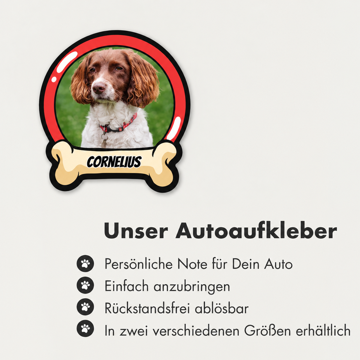 Personalisierter Autoaufkleber in Form eines Hundes mit einem roten Rahmen und dem Namen „CORNELIUS“.