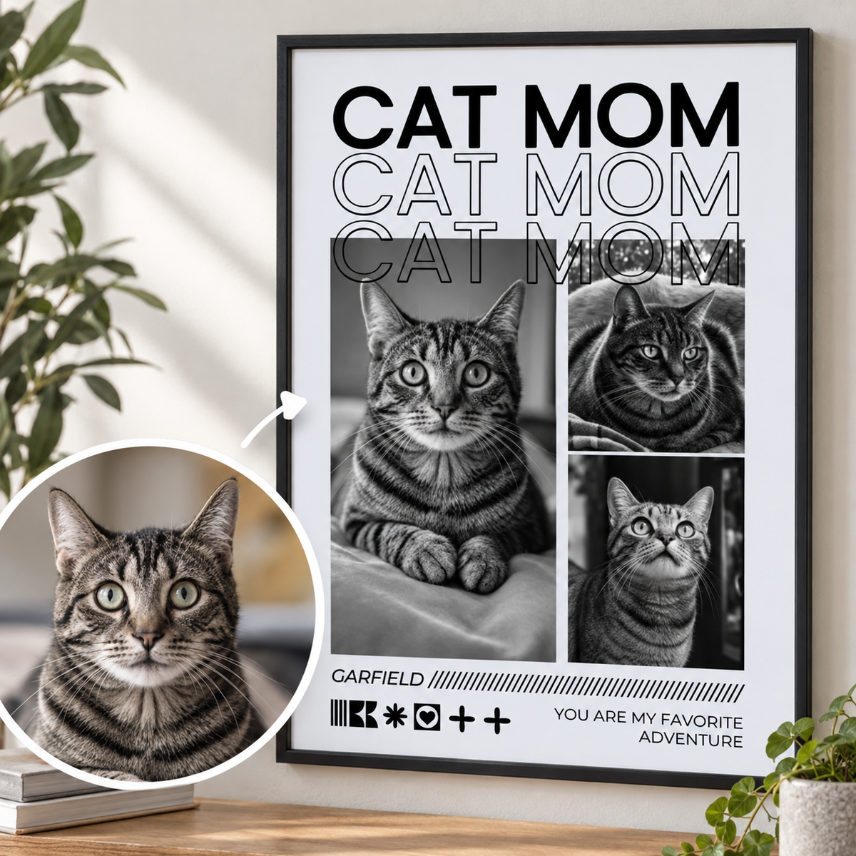 Personalisiertes Poster mit dem Text "Cat Mom" und Bildern einer gestreiften Katze in Schwarz-Weiß.