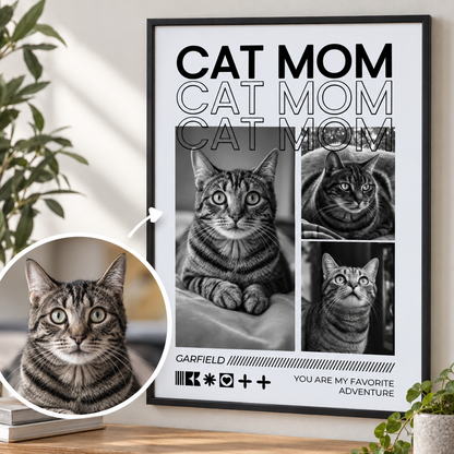 Personalisiertes Poster mit dem Text "Cat Mom" und Bildern einer gestreiften Katze in Schwarz-Weiß.