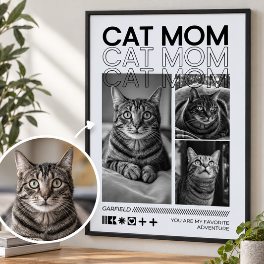 Personalisiertes Poster mit dem Text "Cat Mom" und Bildern einer gestreiften Katze in Schwarz-Weiß.