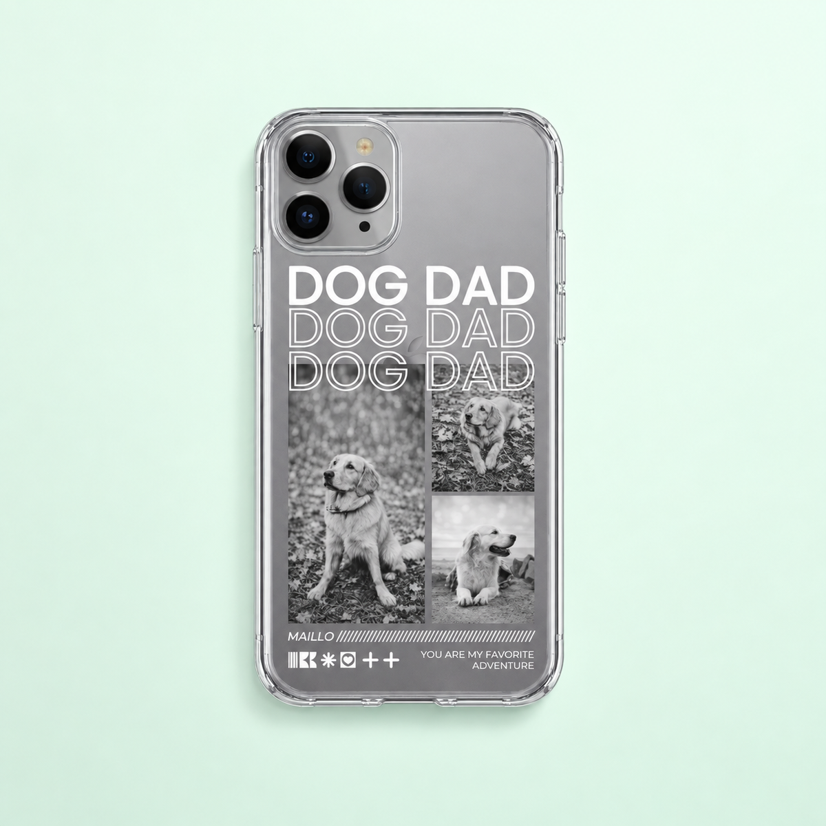 Personalisierte Handyhülle mit Aufschrift "Dog Dad" und Schwarz-Weiß-Bildern von einem Hund.