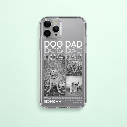 Personalisierte Handyhülle mit Aufschrift "Dog Dad" und Schwarz-Weiß-Bildern von einem Hund.